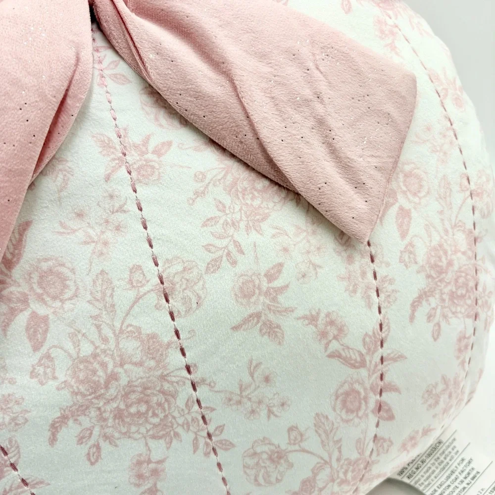 Loire Valley Maison Pink Floral Toile Pumpkin Decorative Pillow Velvet Bow NEW